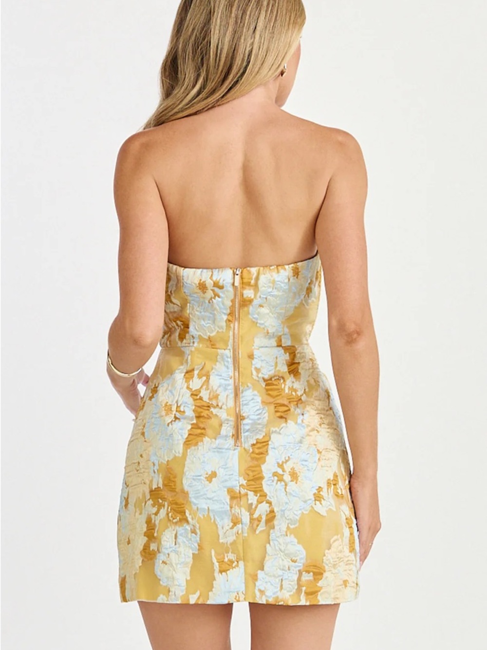 Showpo Strapless Floral Jacquard Mini Dress in Yellow and Light Blue - Picture 3 of 6